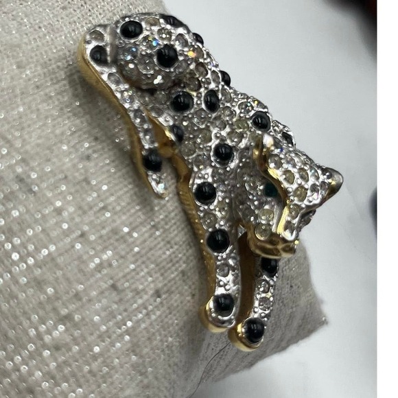 Panther Silver Gold Tone Rhinestones Black Cabochons Green Eye Brooch - Picture 3 of 16